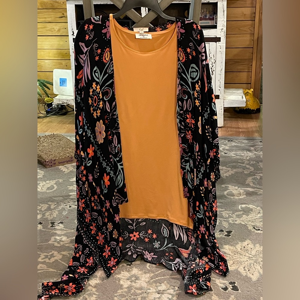 Black floral print kimono with gold sleeveless top